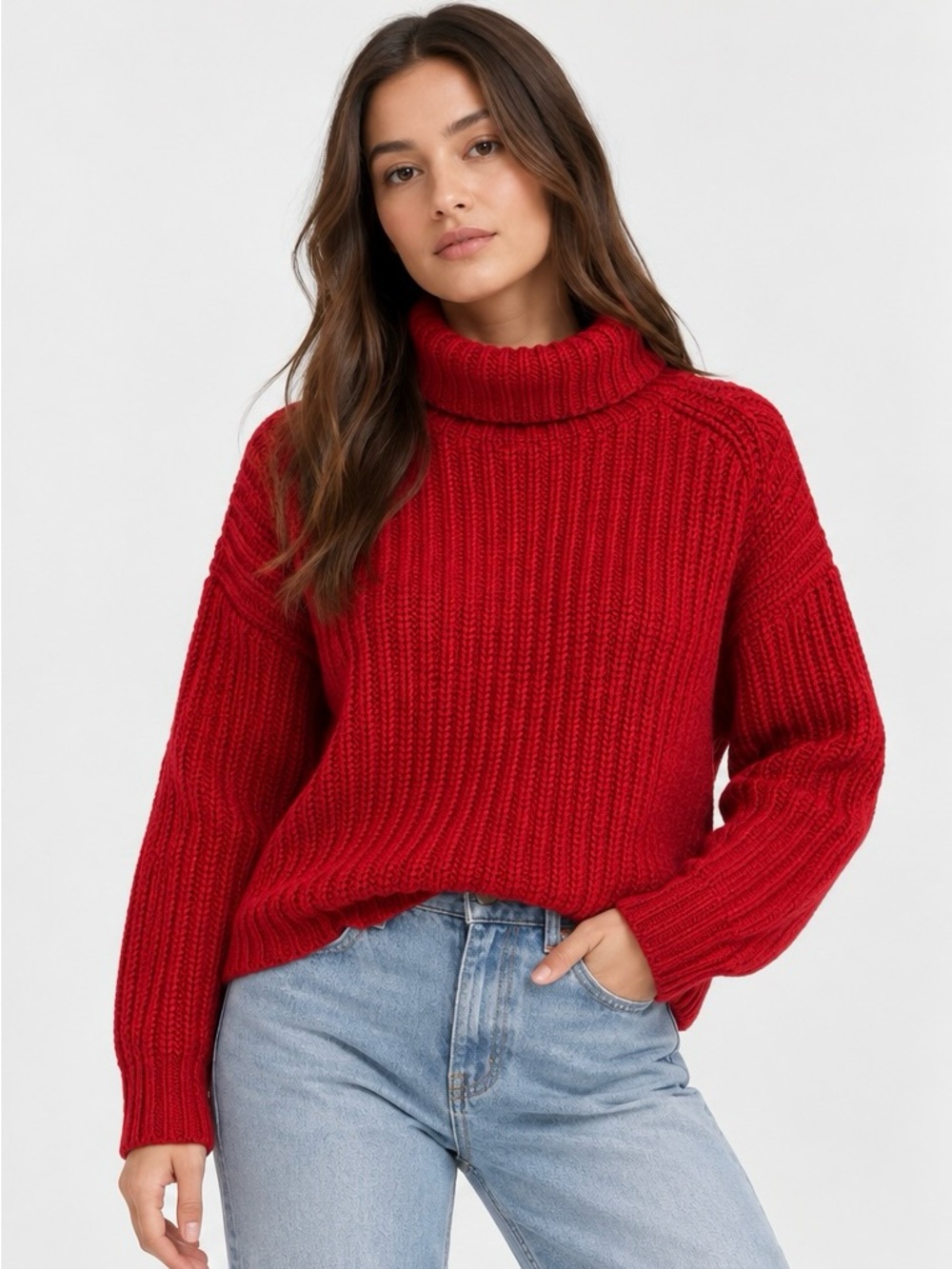 Red Turtleneck Ribbed Sweater - Women